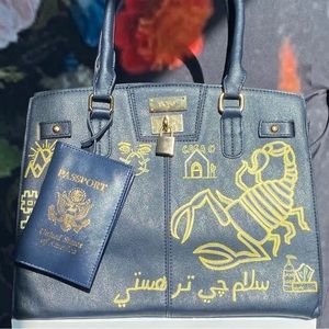 VanRahDesign hand painted BCBG purse with lock —Painting “Shelter”